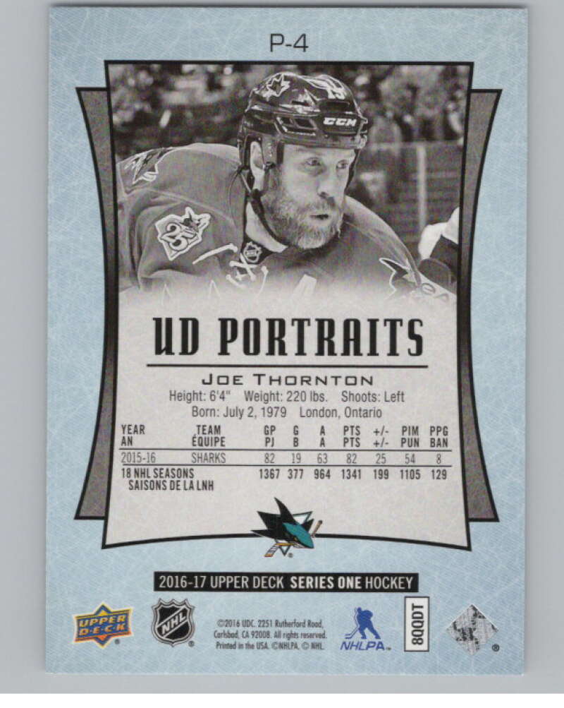 2016-17  UD Portraits #P-4 Joe Thornton   San Jose Sharks  V104838 Image 2