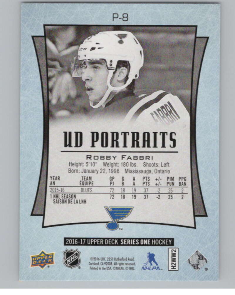 2016-17  UD Portraits #P-8 Robby Fabbri   St. Louis Blues  V104842 Image 2