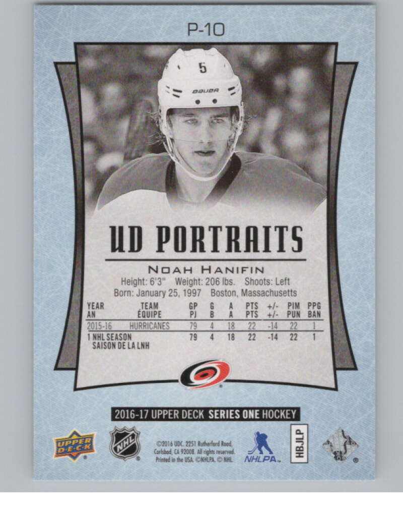 2016-17  UD Portraits #P-10 Noah Hanifin   Carolina Hurricanes  V104844 Image 2