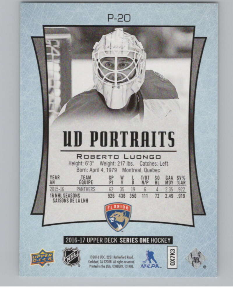 2016-17  UD Portraits #P-20 Roberto Luongo   Florida Panthers  V104854 Image 2