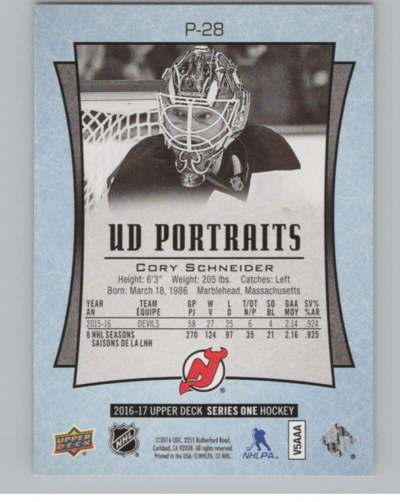 2016-17  UD Portraits #P-28 Cory Schneider   New Jersey Devils  V104862 Image 2