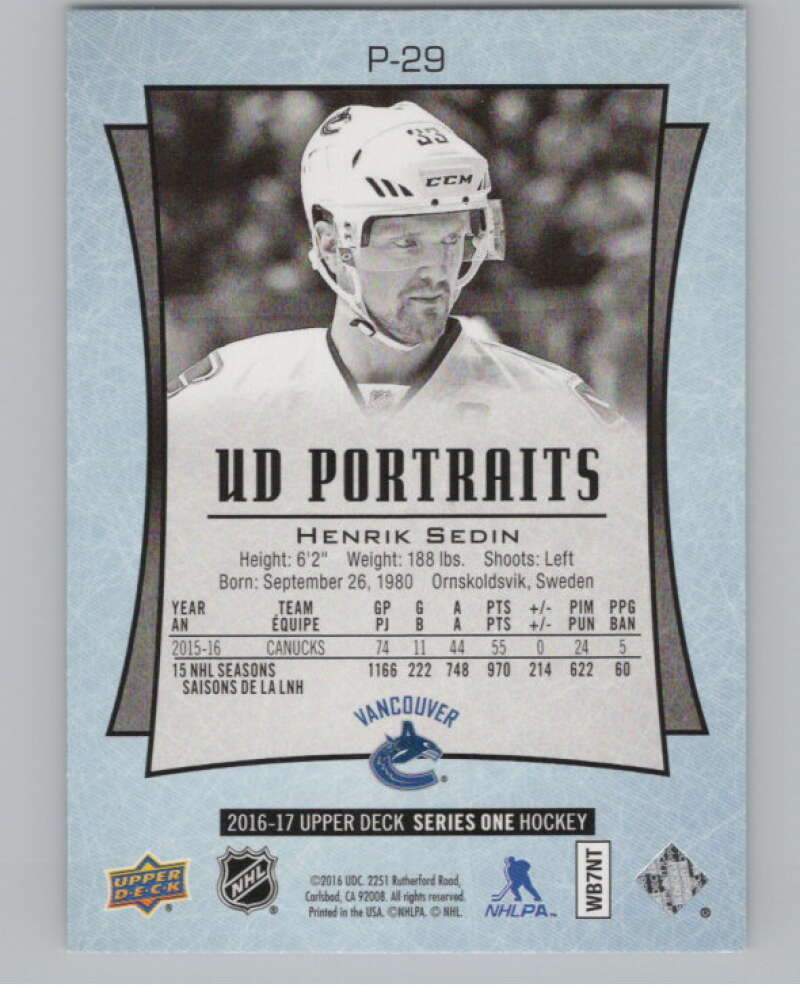 2016-17  UD Portraits #P-29 Henrik Sedin   Vancouver Canucks  V104863 Image 2