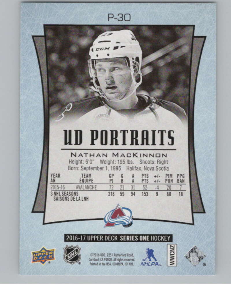 2016-17  UD Portraits #P-30 Nathan MacKinnon   Colorado Avalanche  V104864 Image 2