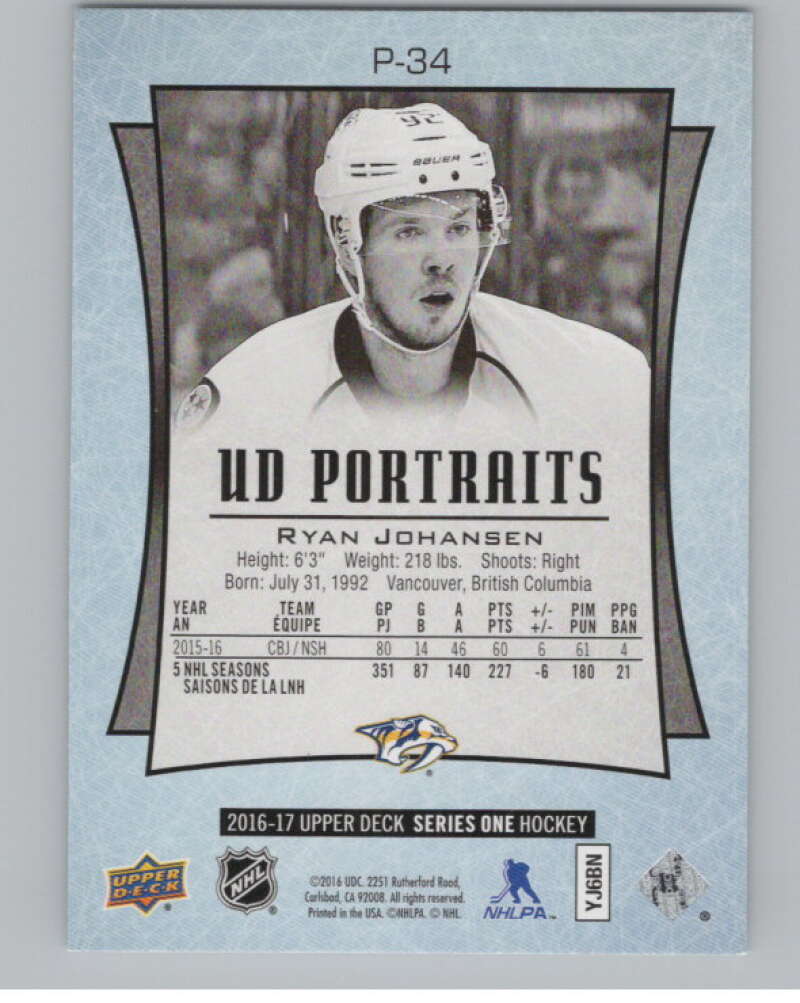 2016-17  UD Portraits #P-34 Ryan Johansen   Nashville Predators  V104868 Image 2