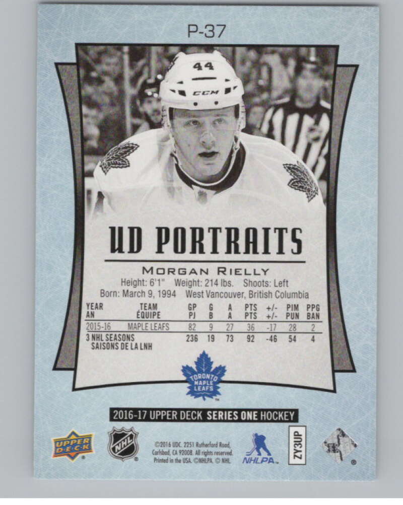 2016-17  UD Portraits #P-37 Morgan Rielly   Toronto Maple Leafs  V104871 Image 2