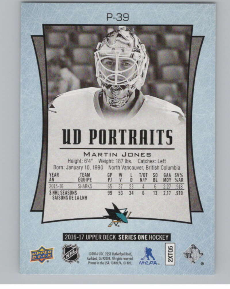 2016-17  UD Portraits #P-39 Martin Jones   San Jose Sharks  V104873 Image 2