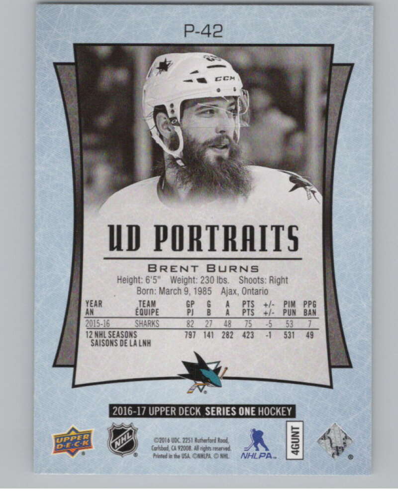 2016-17  UD Portraits #P-42 Brent Burns   San Jose Sharks  V104876 Image 2