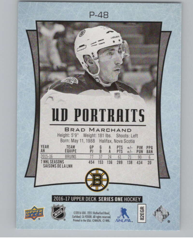 2016-17  UD Portraits #P-48 Brad Marchand   Boston Bruins  V104882 Image 2