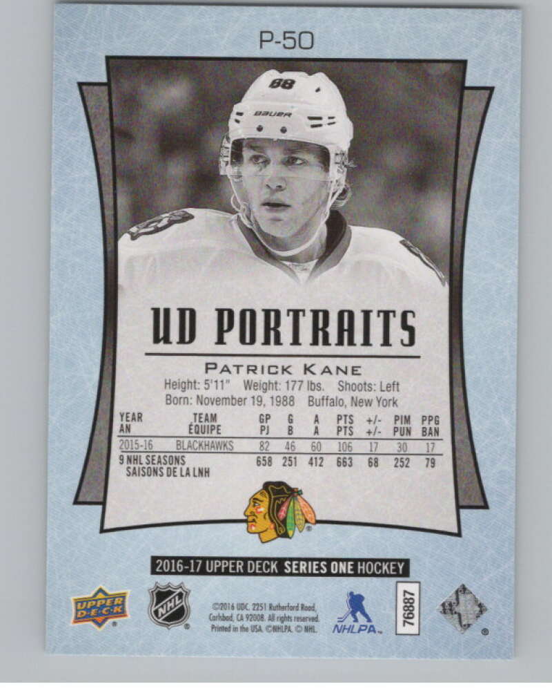 2016-17  UD Portraits #P-50 Patrick Kane Superstars  Chicago Blackhawks  V104883 Image 2