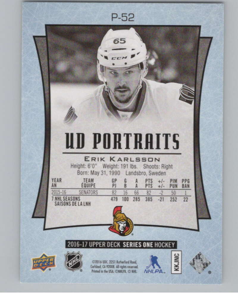 2016-17  UD Portraits #P-52 Erik Karlsson Superstars  Ottawa Senators  V104885 Image 2
