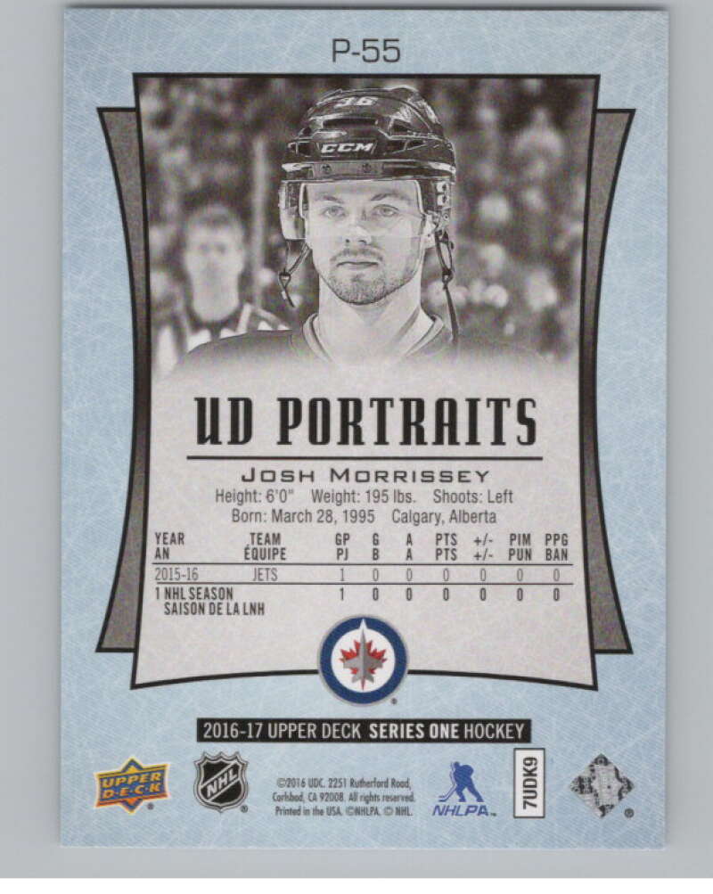2016-17  UD Portraits #P-55 Josh Morrissey Rookies  Winnipeg Jets  V104886 Image 2