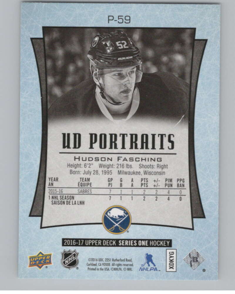 2016-17  UD Portraits #P-59 Hudson Fasching Rookies  Buffalo Sabres  V104889 Image 2
