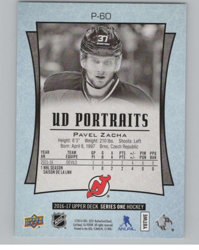 2016-17  UD Portraits #P-60 Pavel Zacha Rookies  New Jersey Devils  V104890 Image 2