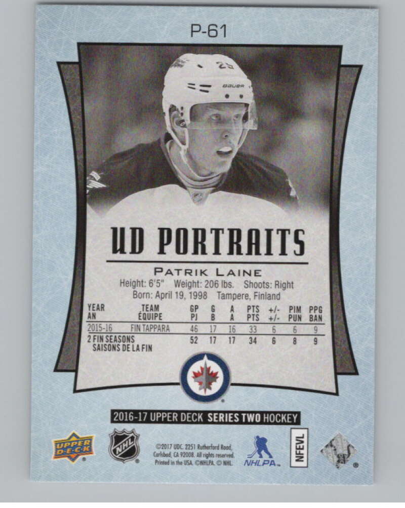 2016-17  UD Portraits #P-61 Patrik Laine  Winnipeg Jets  V104891 Image 2