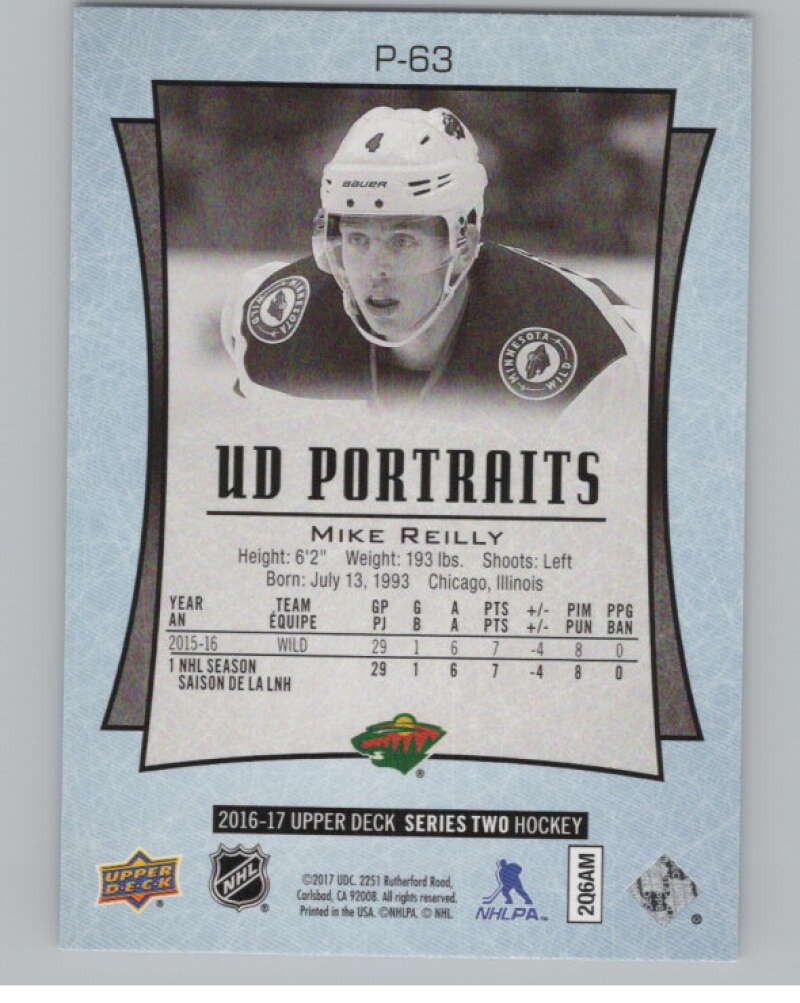 2016-17  UD Portraits #P-63 Mike Reilly  Minnesota Wild  V104893 Image 2