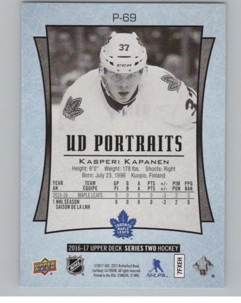 2016-17  UD Portraits #P-69 Kasperi Kapanen  Toronto Maple Leafs  V104899 Image 2