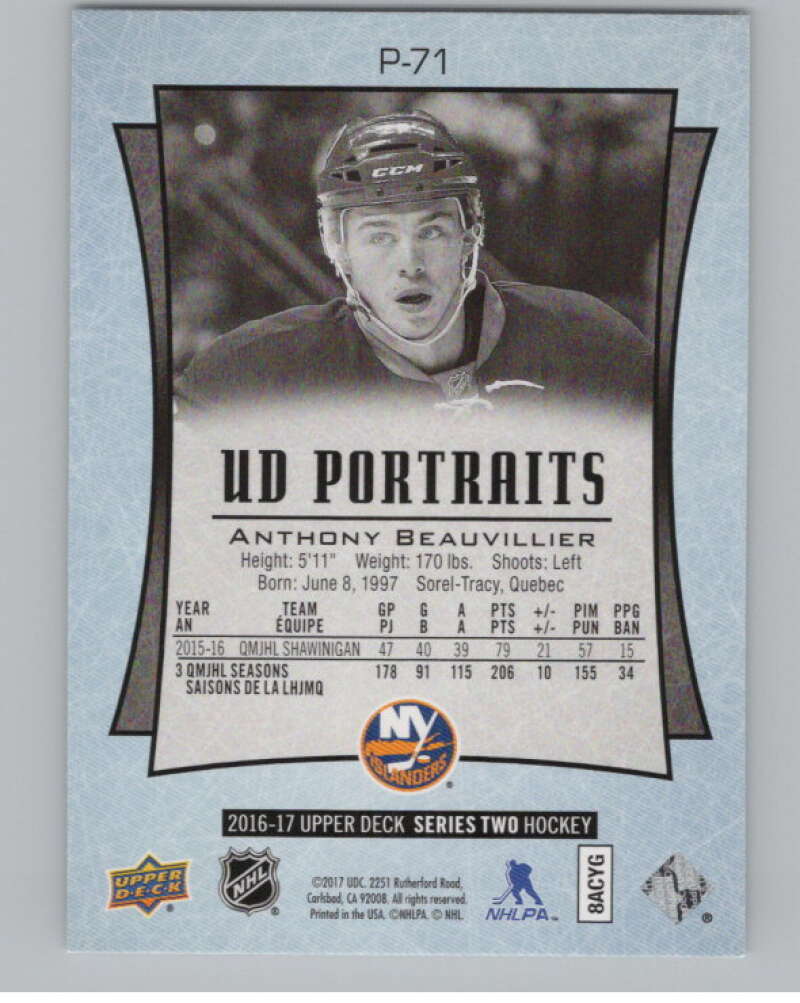 2016-17  UD Portraits #P-71 Anthony Beauvillier  New York Islanders  V104901 Image 2