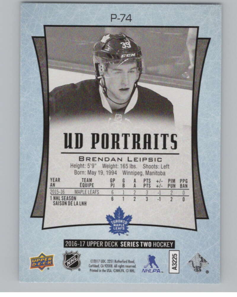 2016-17  UD Portraits #P-74 Brendan Leipsic  Toronto Maple Leafs  V104904 Image 2