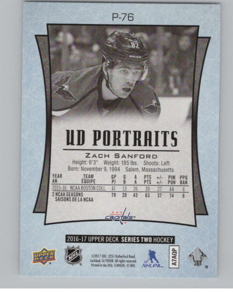2016-17  UD Portraits #P-76 Zach Sanford  Washington Capitals  V104906 Image 2
