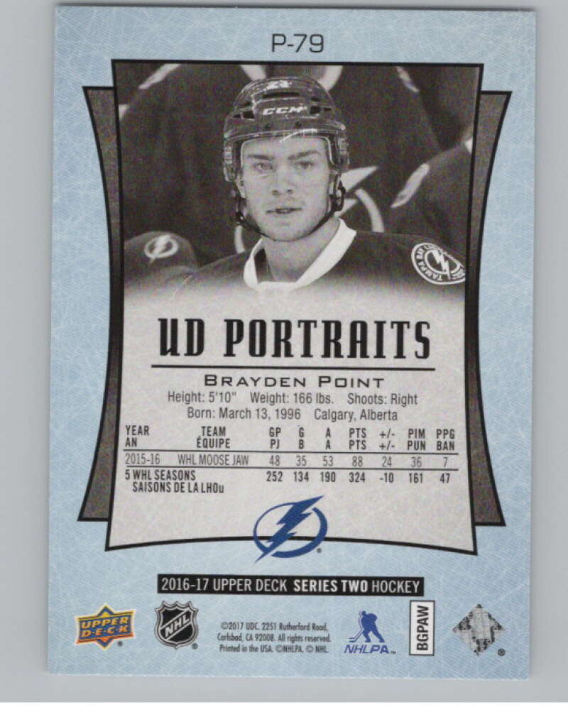 2016-17  UD Portraits #P-79 Brayden Point  Tampa Bay Lightning  V104909 Image 2