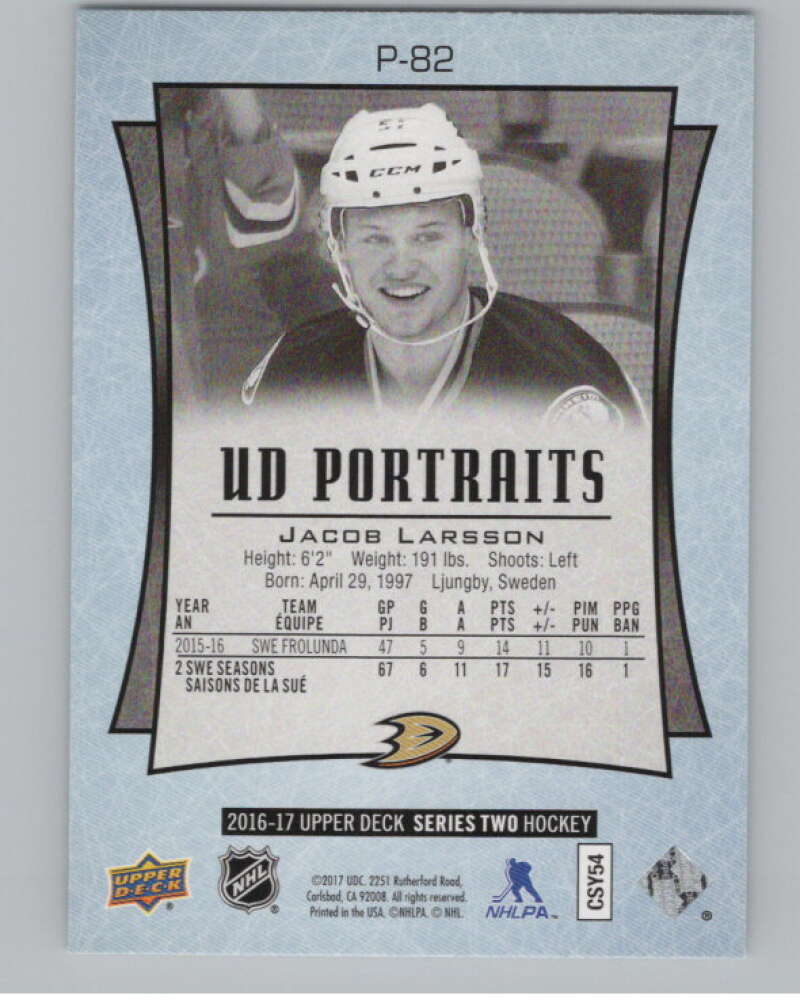 2016-17  UD Portraits #P-82 Jacob Larsson  Anaheim Ducks  V104911 Image 2