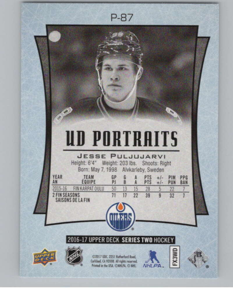 2016-17  UD Portraits #P-87 Jesse Puljujarvi  Edmonton Oilers  V104916 Image 2