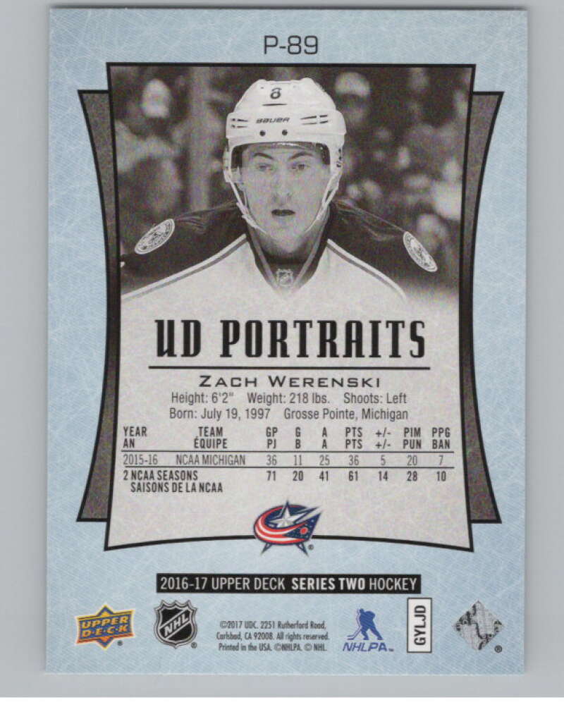 2016-17  UD Portraits #P-89 Zach Werenski  Columbus Blue Jackets  V104918 Image 2