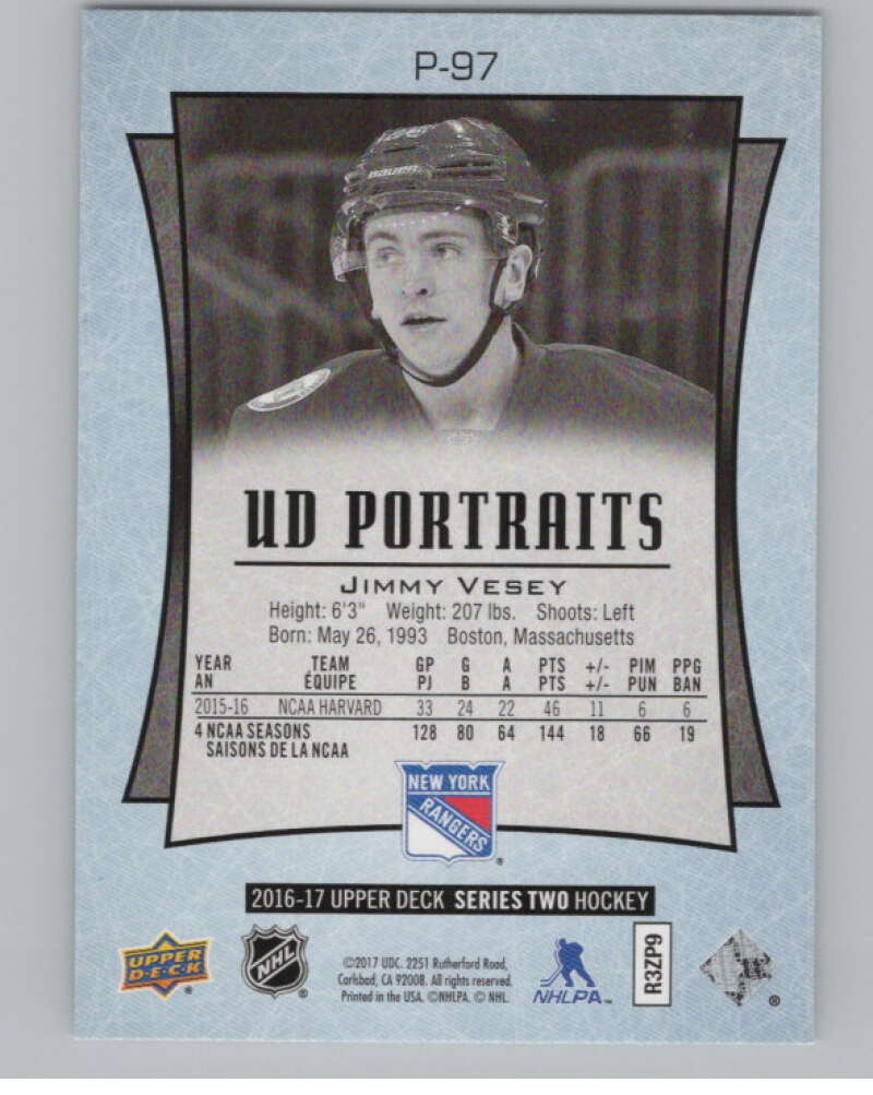 2016-17  UD Portraits #P-97 Jimmy Vesey  New York Rangers  V104926 Image 2
