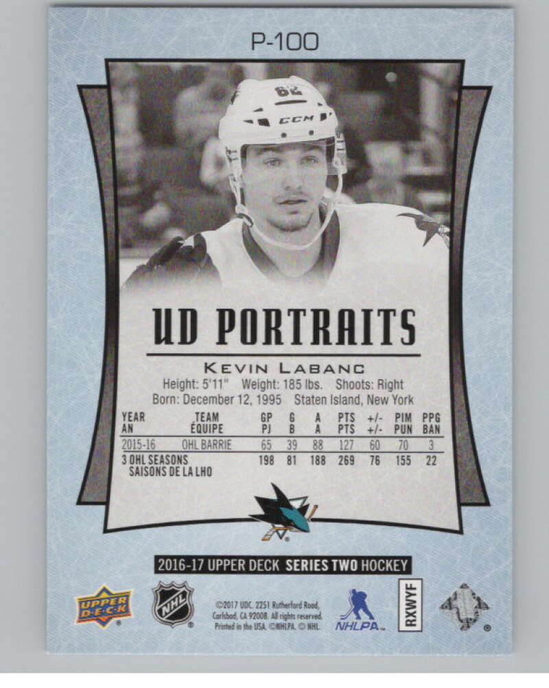 2016-17  UD Portraits #P-100 Kevin Labanc  San Jose Sharks  V104929 Image 2