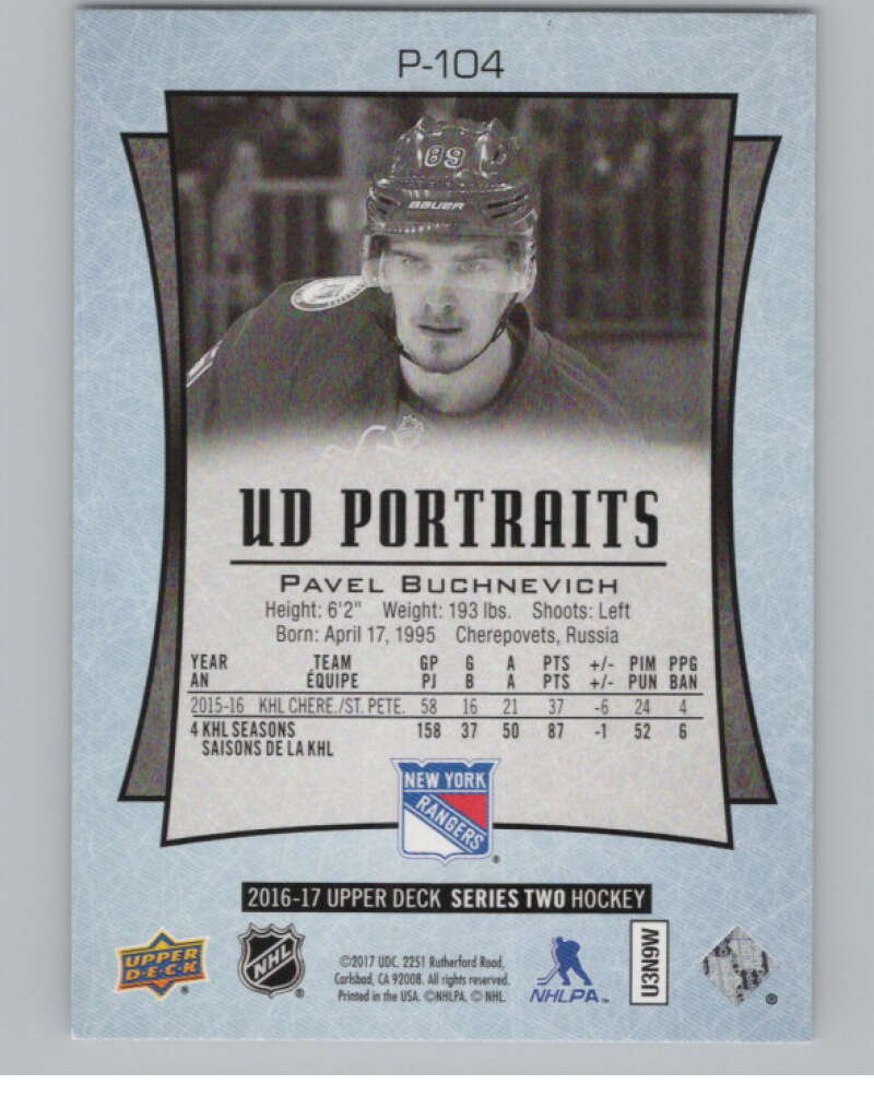 2016-17  UD Portraits #P-104 Pavel Buchnevich  New York Rangers  V104933 Image 2