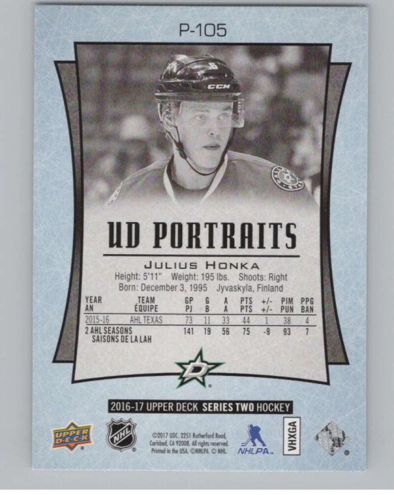 2016-17  UD Portraits #P-105 Julius Honka  Dallas Stars  V104934 Image 2