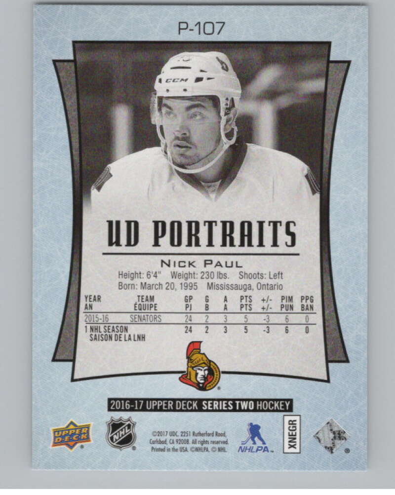 2016-17  UD Portraits #P-107 Nick Paul  Ottawa Senators  V104936 Image 2