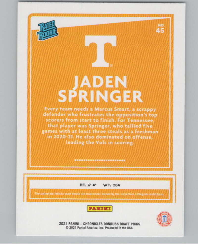 2021-22  Donruss Rated Rookies Bronze #45 Jaden Springer Volunteers  V104958 Image 2