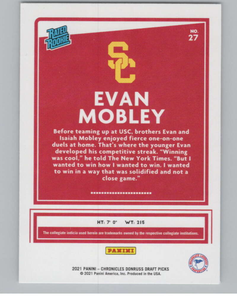 2021-22   Donruss Rated Rookies #27 Evan Mobley  USC Trojans  V104959 Image 2