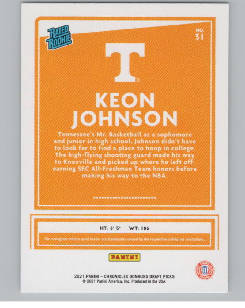 2021-22   Donruss Rated Rookies #31 Keon Johnson Volunteers  V104962 Image 2
