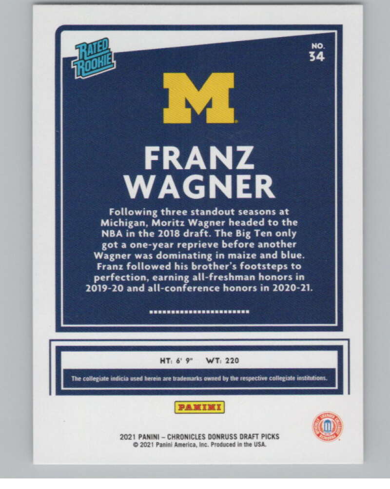 2021-22   Donruss Rated Rookies #34 Franz Wagner Wolverines  V104963 Image 2