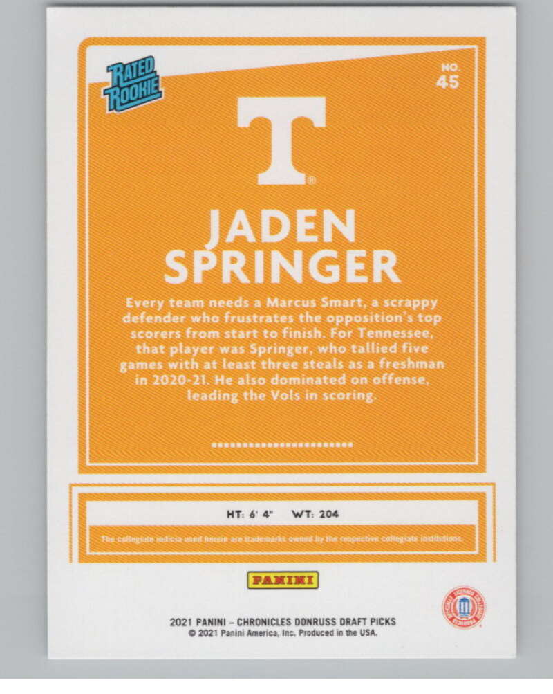 2021-22   Donruss Rated Rookies #45 Jaden Springer Volunteers  V104972 Image 2