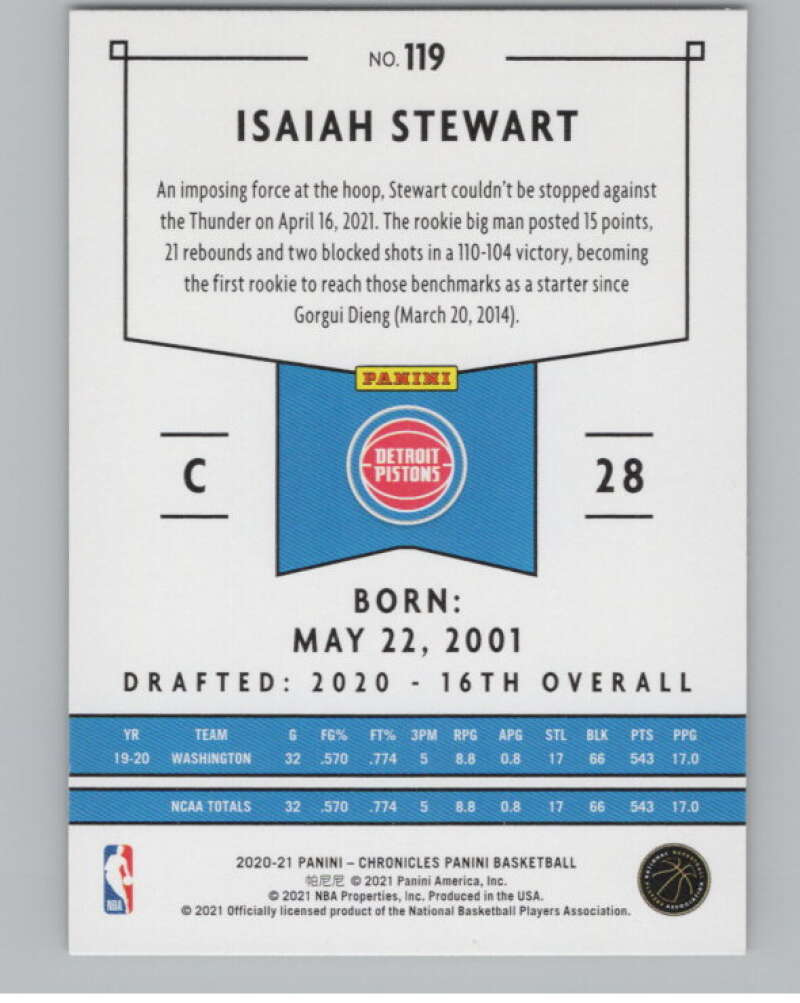 2020-21 Panini Chronicles #119 Isaiah Stewart  Detroit Pistons  V104978 Image 2