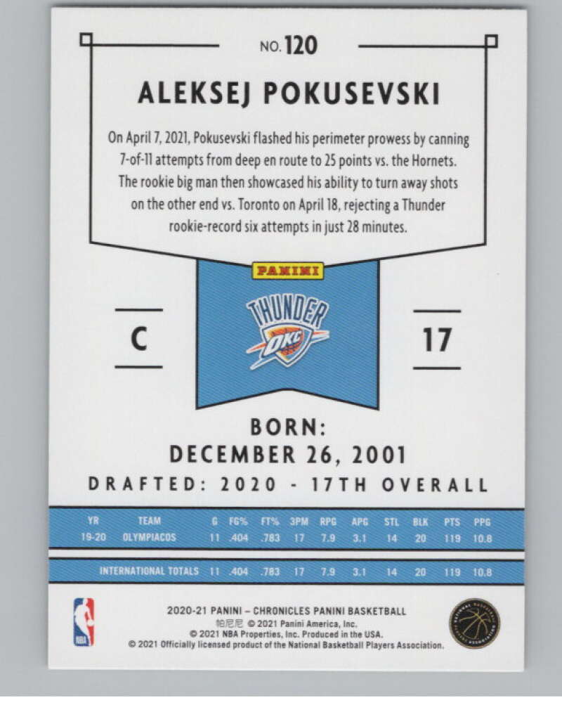 2020-21 Panini Chronicles #120 Aleksej Pokusevski  Oklahoma City Thunder  V104979 Image 2