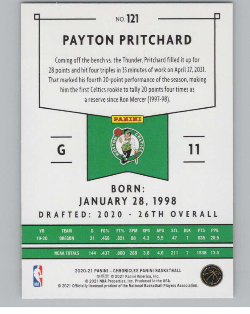 2020-21 Panini Chronicles #121 Payton Pritchard  Boston Celtics  V104980 Image 2