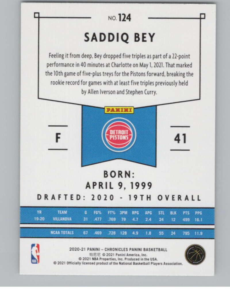 2020-21 Panini Chronicles #124 Saddiq Bey  Detroit Pistons  V104981 Image 2