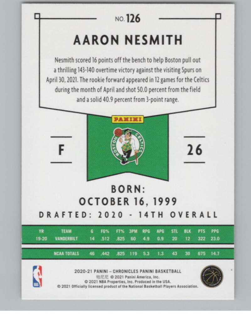 2020-21 Panini Chronicles #126 Aaron Nesmith  Boston Celtics  V104982 Image 2