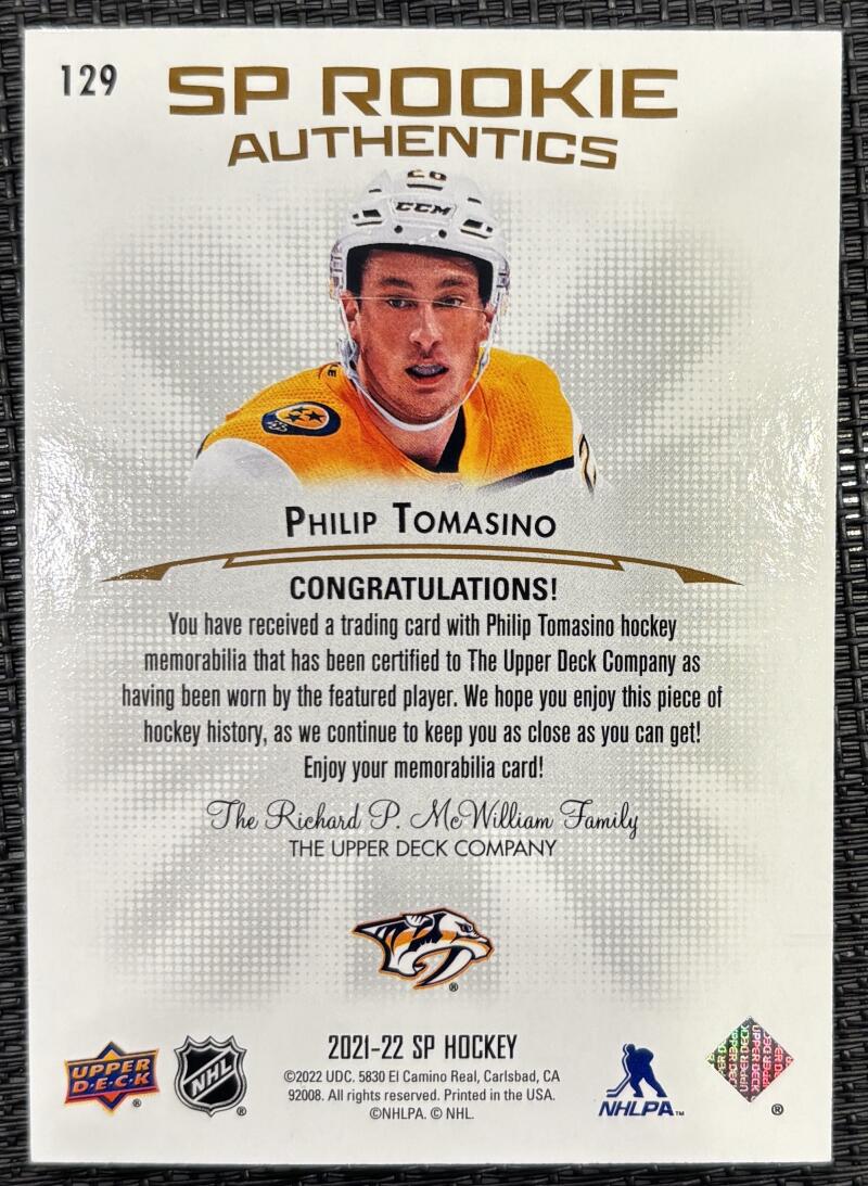 2021-22 SP Jerseys #129 Philip Tomasino Jersey Predators  V104986 Image 2