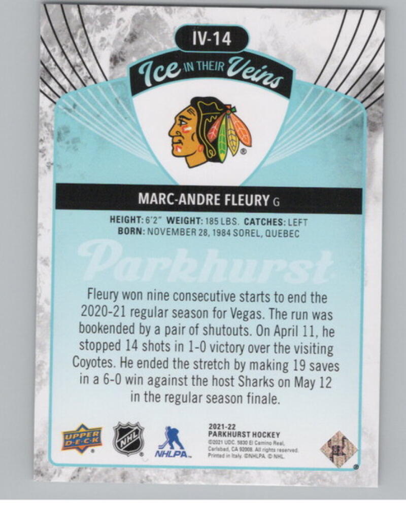 2021-22 Parkhurst Ice in Their Veins #IV14 Marc-Andre Fleury Hockey V104990 Image 2