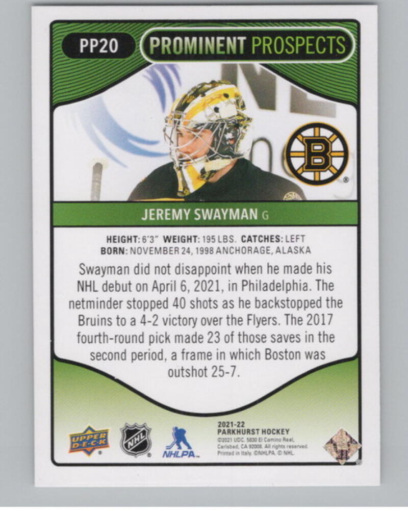 2021-22 Parkhurst Prominent Prospects #PP20 Jeremy Swayman Hockey V105006 Image 2
