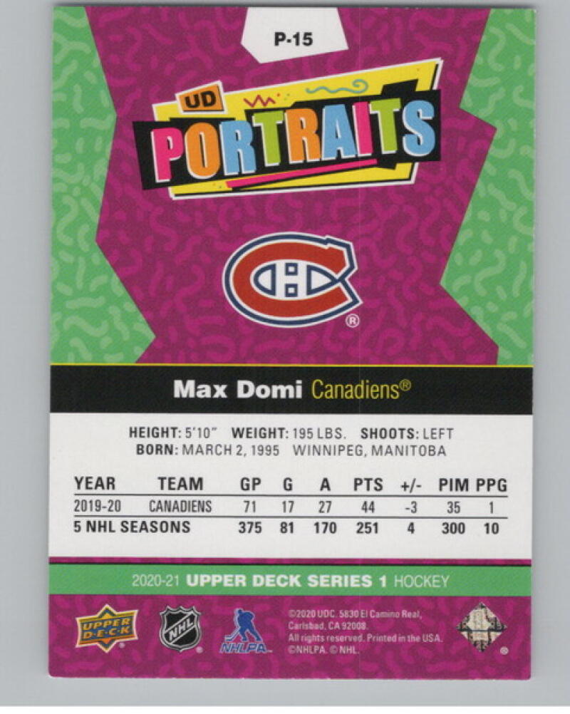 2020-21 Upper Deck UD Portraits #P15 Max Domi Hockey V105008 Image 2