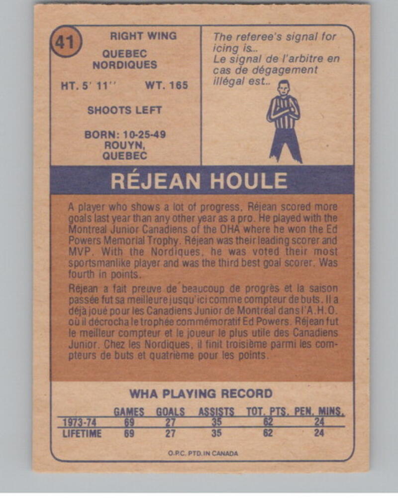 1974-75 O-Pee-Chee WHA #41 Rejean Houle Hockey Vintage V105013 Image 2