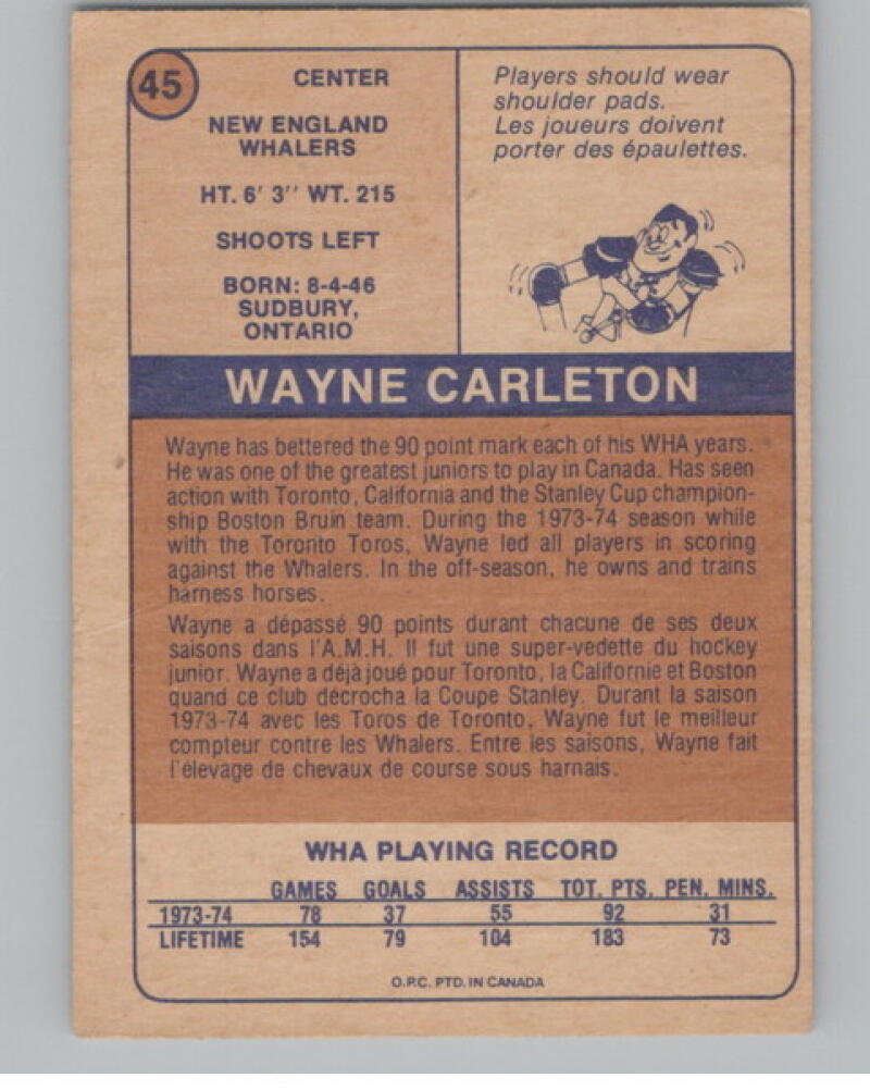1974-75 O-Pee-Chee WHA #45 Wayne Carleton Hockey Vintage V105014 Image 2