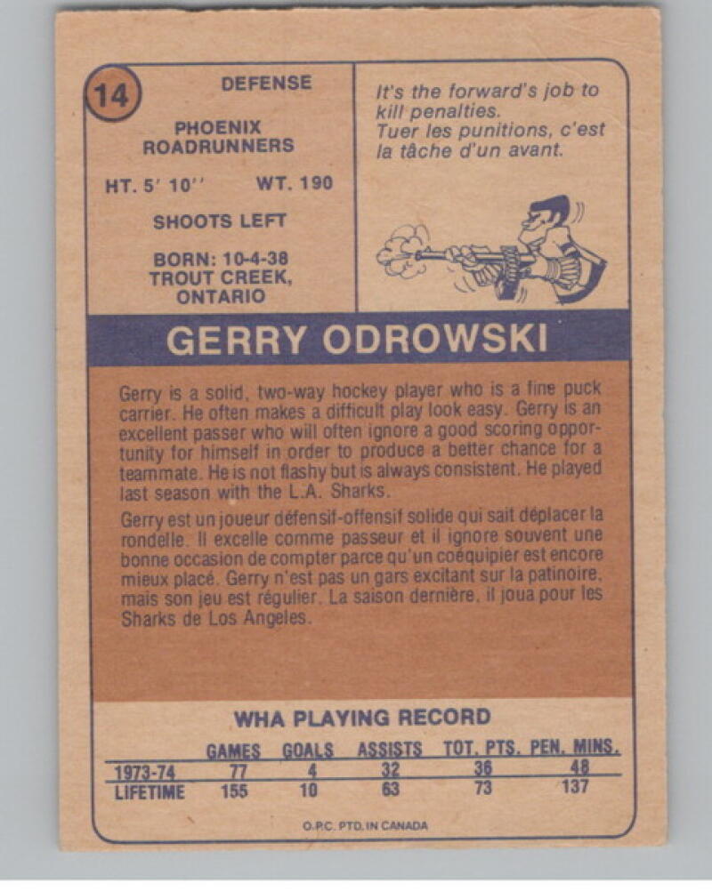 1974-75 O-Pee-Chee WHA #14 Gerry Odrowski Hockey Vintage V105015 Image 2