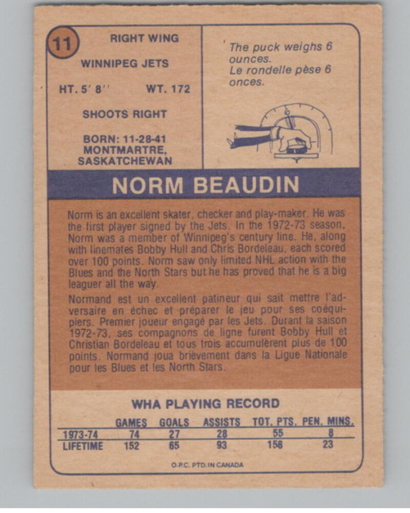 1974-75 O-Pee-Chee WHA #11 Norm BeaudinHockey Vintage V1050156 Image 2